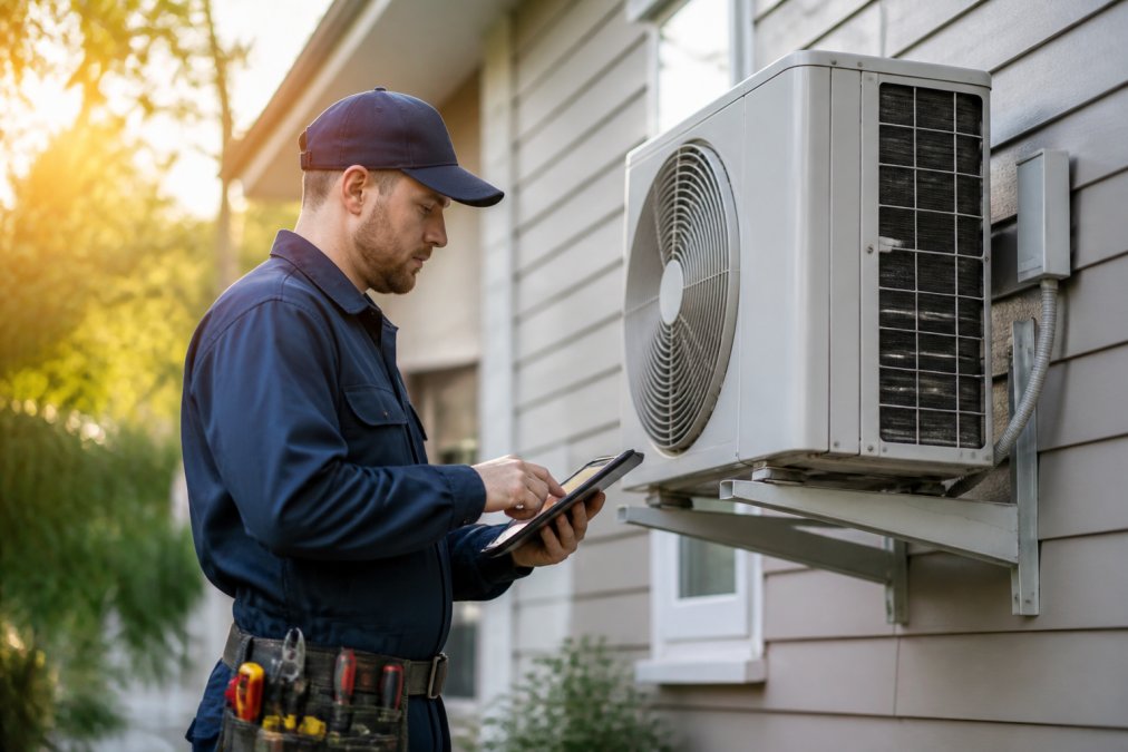 HVAC technician in uniform holding a tablet, entering service details at a customer's home with visible HVAC equipment mounted on exterior wall in afternoon sunlight