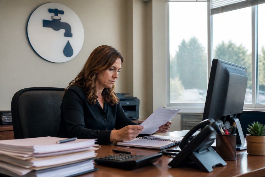 Office manager at desk reviewing invoices and financial reports on a computer screen with plumbing company logo visible on wall, afternoon light from window