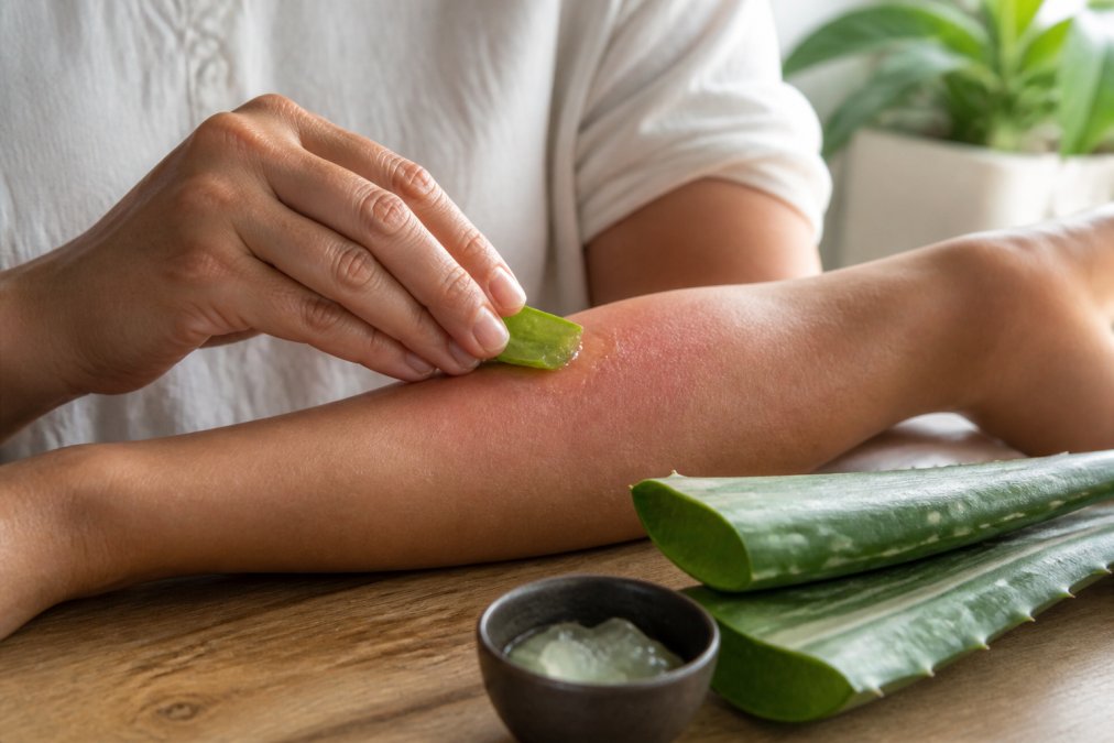 Close-up of a person's hands gently applying aloe vera gel from a freshly cut leaf onto a forearm with slightly reddened skin, natural daylight on a kitchen table
