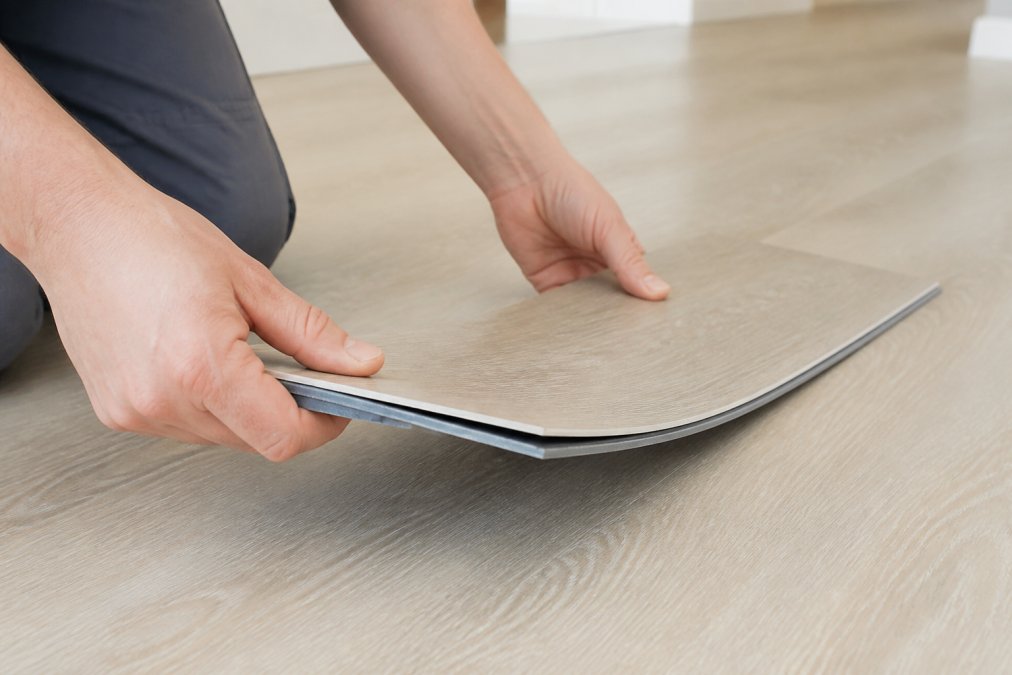 Close-up af hænder, der løfter en vinylplanke med kliksystem og viser dets opbyggede lag mod en lys gulvoverflade i et lyst lokale