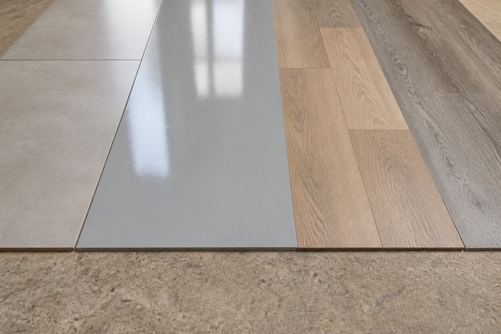 Nærbillede af forskellige gulvmaterialer - glatte keramiske fliser, blank epoxy-overflade, struktureret laminat og tekstureret vinyl - lagt ved siden af hinanden på grå betonundergrund, naturligt dagslys fra siden