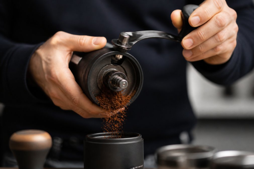 Nærbillede af hænder, der maler kaffebønner i en manuel kværn med åben kværn på siden og fint malet kaffe der falder ned