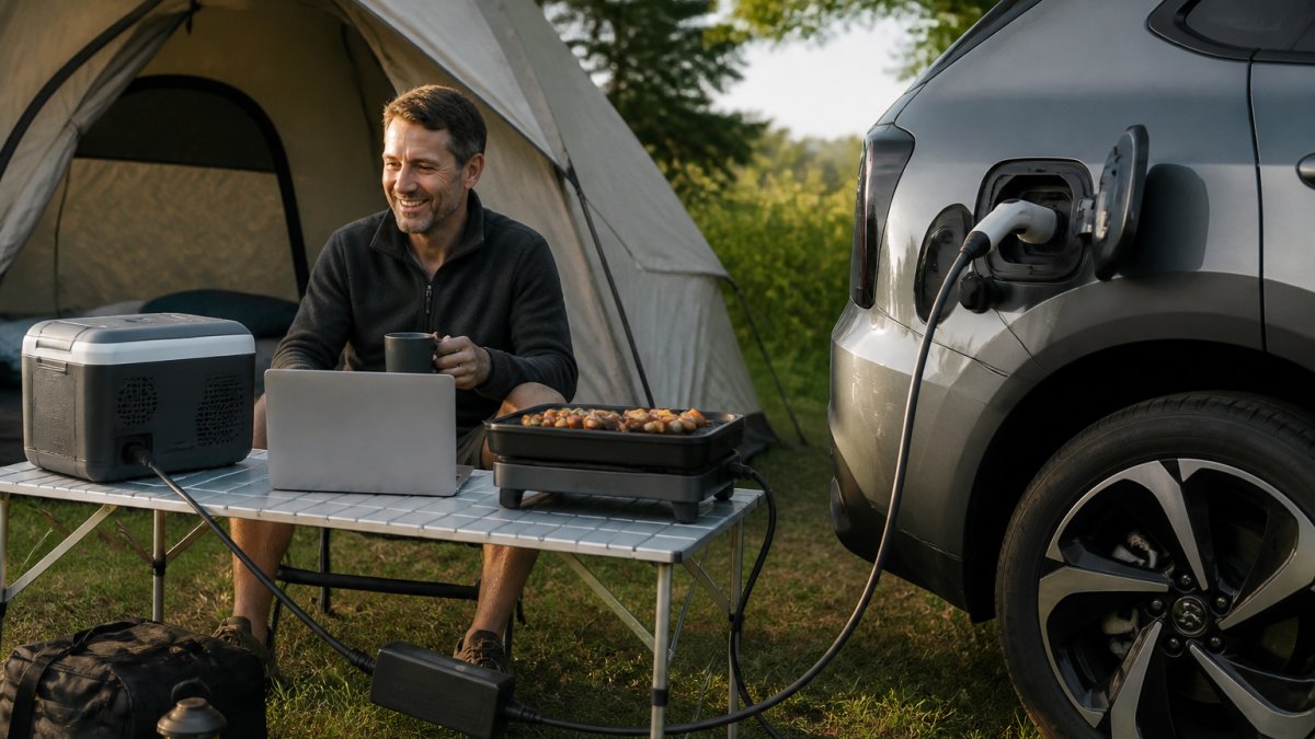 Campingudstyr som køleboks, grill og bærbar computer tilsluttet en elbil via V2L-adapter ved et telt