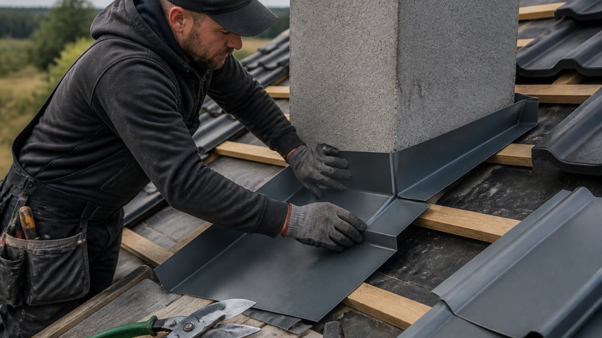 En håndverker i arbeidsklær som bøyer og tilpasser et metallbeslag rundt en pipe på et skrått tak, med verktøy og beslag tydelig synlig i forgrunnen