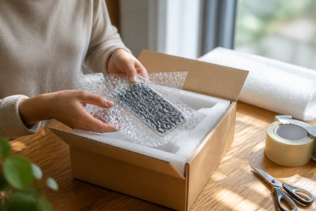 Person pakker en smarttelefon forsiktig inn i bobleplast og skum for å vite hvordan returnere elektronikk kjøpt på nett.