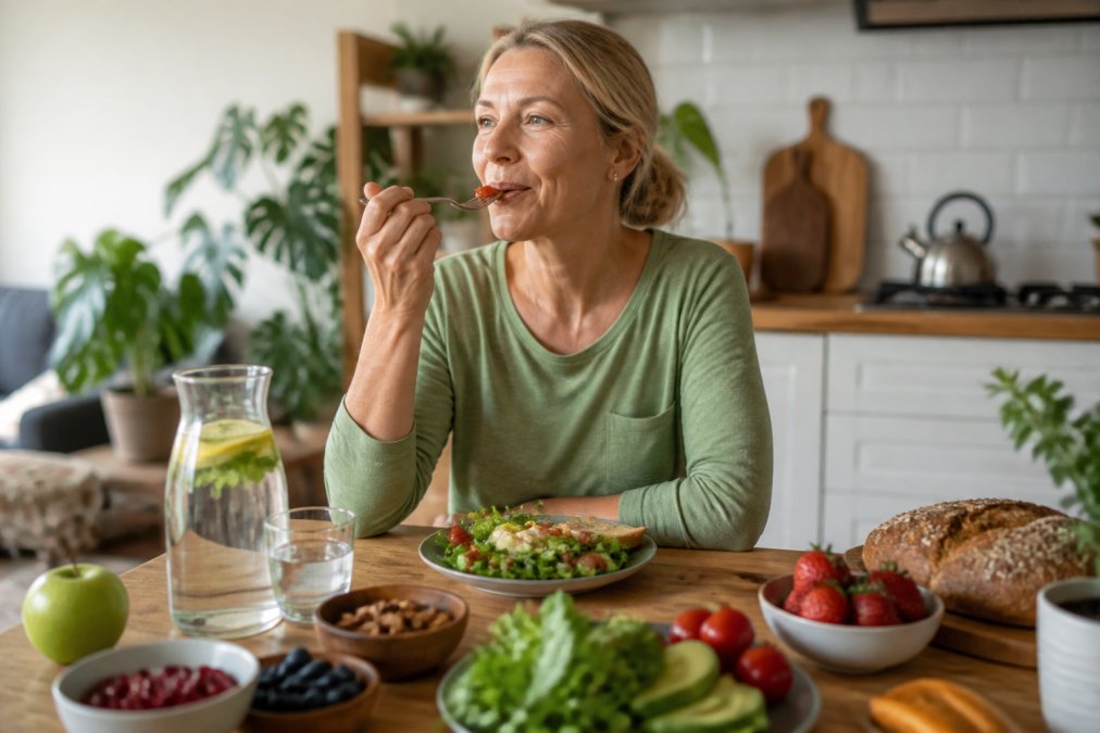 Kvinde sidder ved køkkenbord og nyder et måltid med friske grøntsager, frugt og fuldkornsprodukter, med fokus på hendes ansigtsudtryk, der viser mindful spisning og grundig tygging i naturligt lys