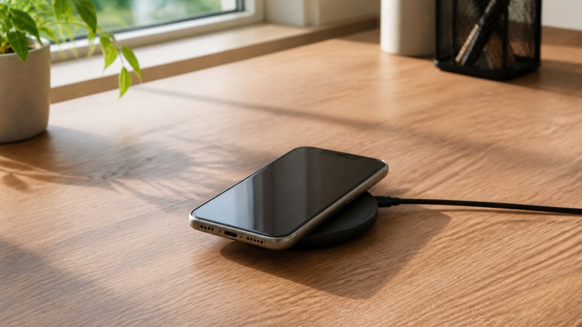 En smarttelefon uten deksel ligger på en trådløs ladeplate på et trebord med god lufting rundt.