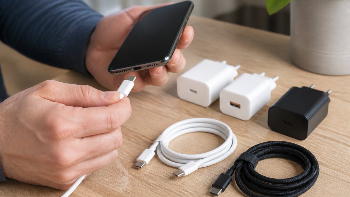 Hender som kobler en USB-C-kabel til en smarttelefon på et skrivebord med ulike ladere og kabler liggende.