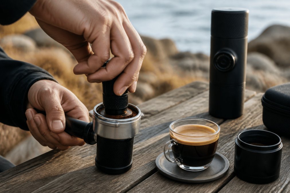 Nærbillede af hænder, der stamper kaffepulver i et portafilter på en lille bærbar espressomaskine, med en bakke af friskbrygget espresso ved siden af på et træbord udendørs