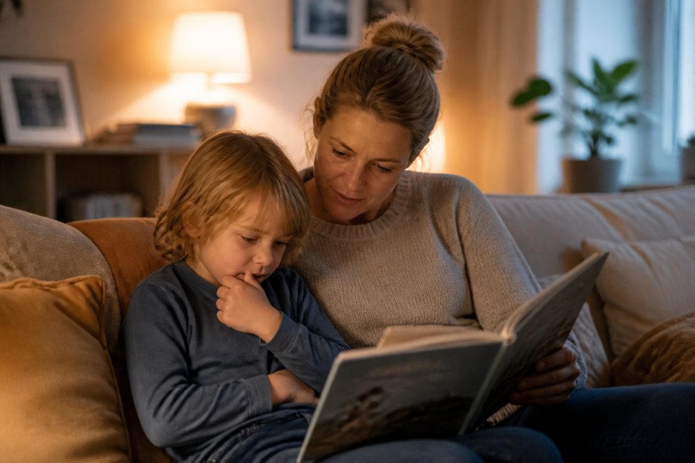 En voksen og et barn leser bok sammen i en trygg stue, en støtte i hverdagen når barn reagerer ulikt på sorg.