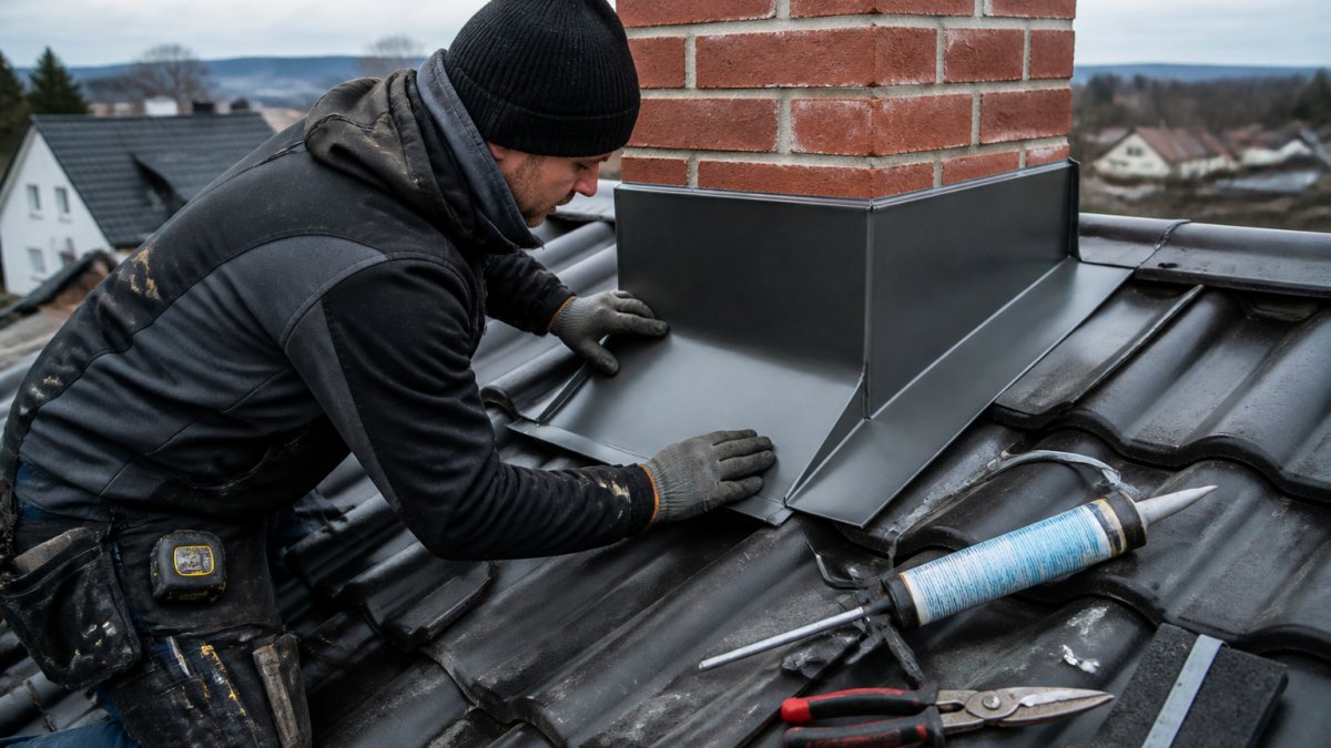 Close-up of a roofer's hands fitting a custom metal pipe flashing around a chimney on a tiled roof, with hand tools and sealant nearby, overcast Nordic daylight