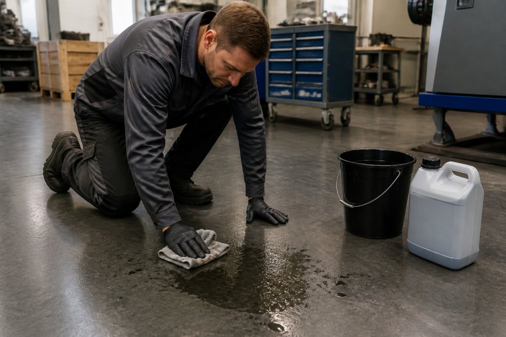 En medarbejder i arbejdstøj knæler på et mørkt industrigulv i et værksted og tørrer en olieplet op med en klud, spande og rengøringsmiddel ved siden af
