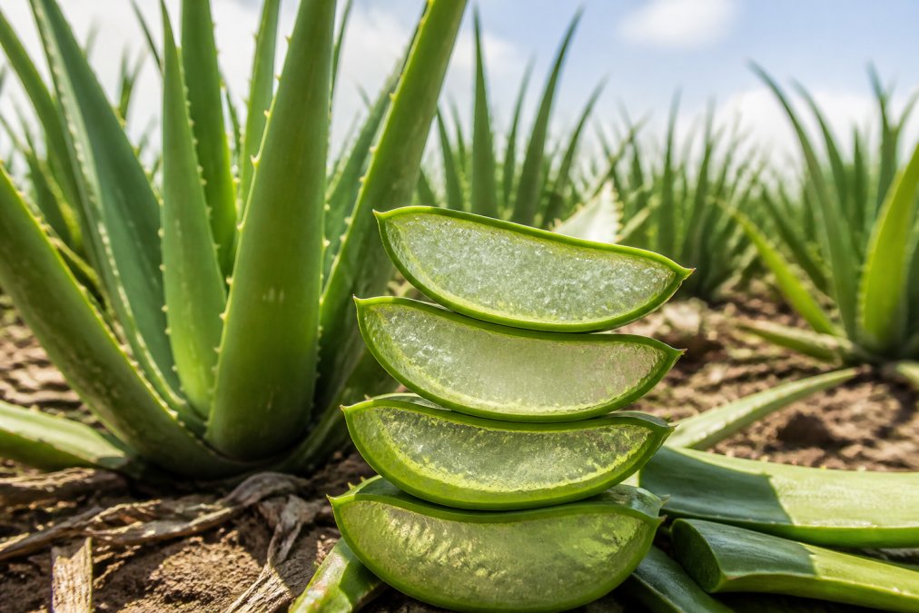 Aloe vera planter i fuld vækst under naturligt dagslys, med fokus på de grønne blade og det gennemsigtige indre gel der ses gennem et snit i bladet