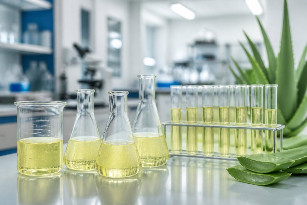 Laboratorieglasværk med klare testflasker fyldt med gul-transparent Aloe Vera gel, professionelt laboratorieudstyr i baggrunden under hvidt kunstigt lys