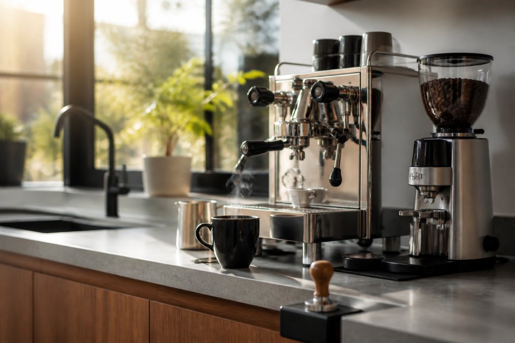 Stilfuld hjemmebarista-workspace med glansende espressomaskine, præcisions-kaffekværn og varmt duftende kaffekop på moderne køkkenbænk med naturligt morgenlys gennem vinduet