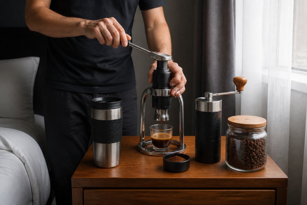 En person på et hotelværelse brygger kaffe med en manuel espressomaskine, med friskristede kaffebønner, en håndkværn og en isoleret rejsekrus ordnet på nattebord med naturligt lys fra vinduet