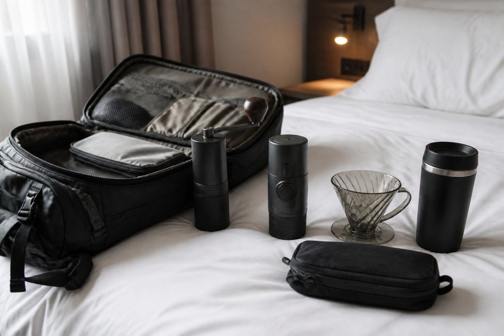 Et kompakt rejse-kaffesæt udbredt på en åben rygsæk, viser en håndkværn, en bærbar espressomaskine, en lille filterkande og en isoleret rejsekrus, alt ordnet pænt på en hotelsengs dyne
