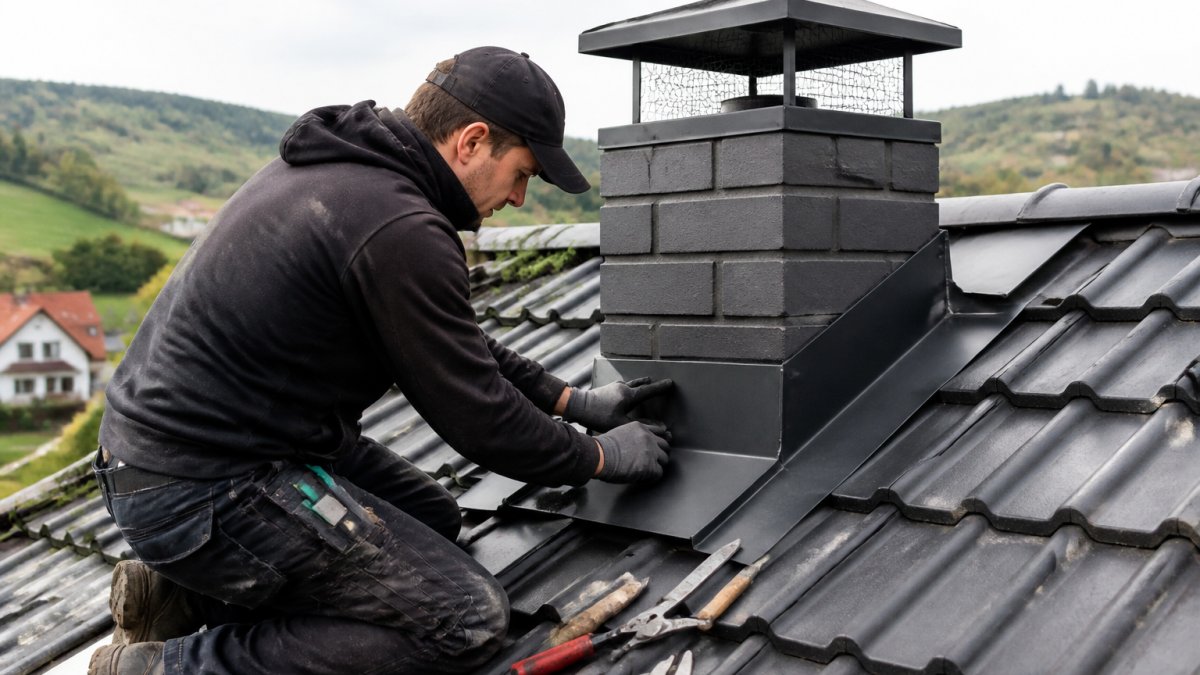 Blikkenslager monterer pipebeslag på et skrått tak for å vise hvorfor man trenger pipebeslag på taket.