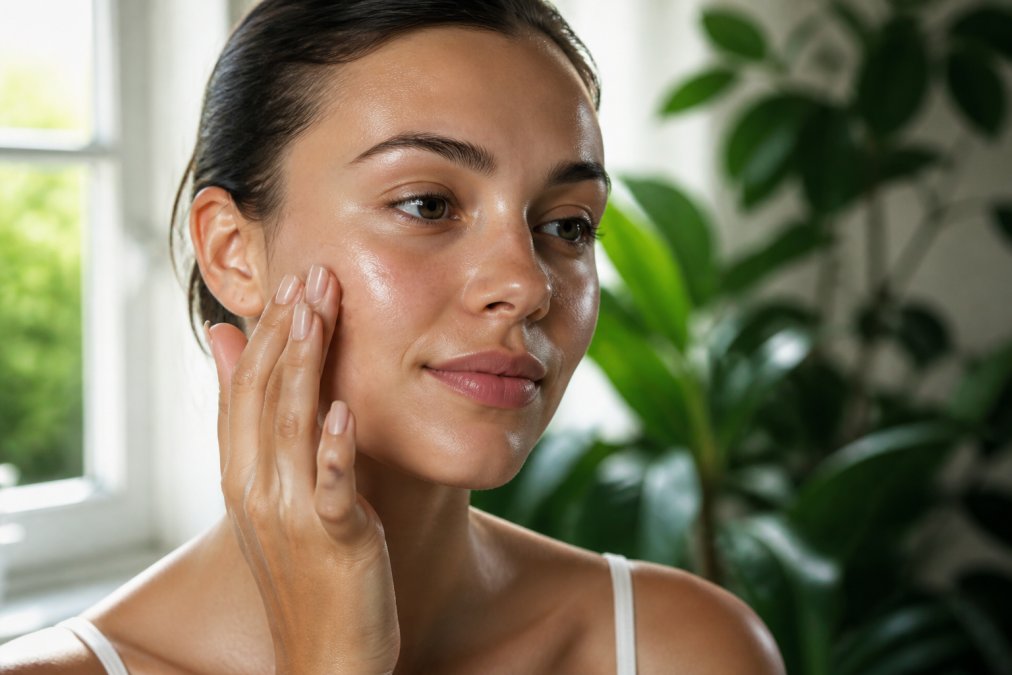Close-up af en kvinde, der påfører Aloe Vera gel på sin kind med fingerspidserne, naturligt dagslys gennem vindue, fugtigt og glødende hududtryk