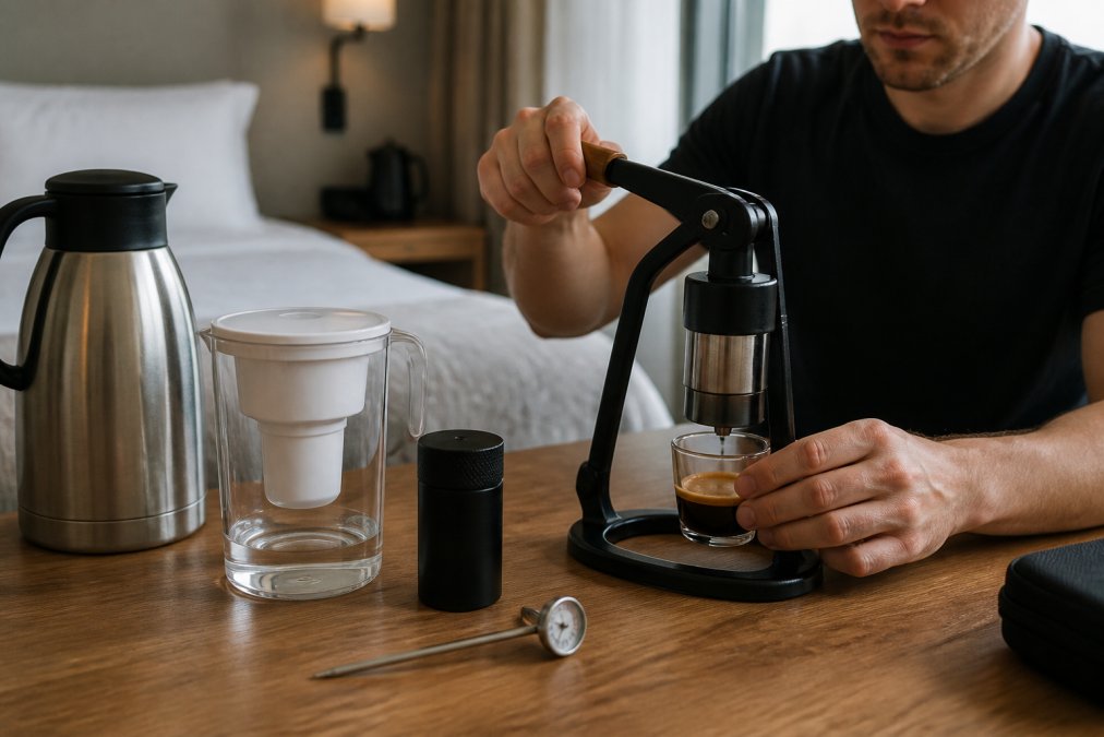 Rejsende på hotelværelse med manuel espressomaskine, termokande, digitalt termometer og Brita-stikfilter opstillet på træbord, viser det komplette rejse-espresso-setup