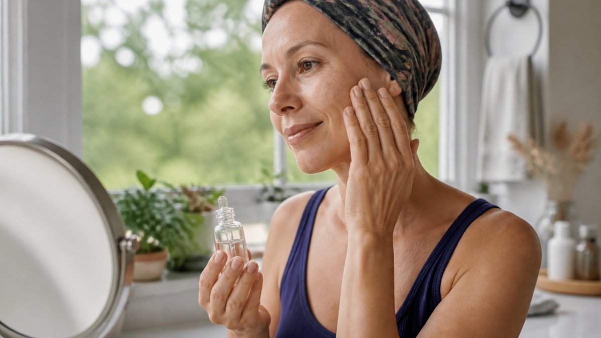 Close-up of hands applying a clear serum to damp skin on the face, with a water droplet visible on the skin surface