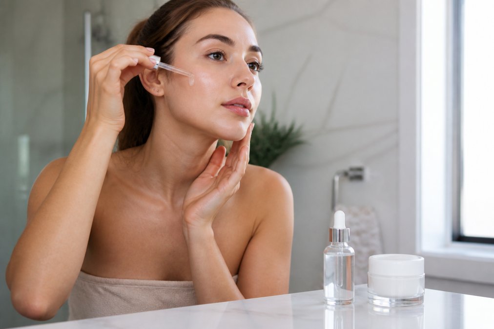Woman applying hydrating serum to her cheek with hyaluronic acid vs glycerin products on a bathroom counter