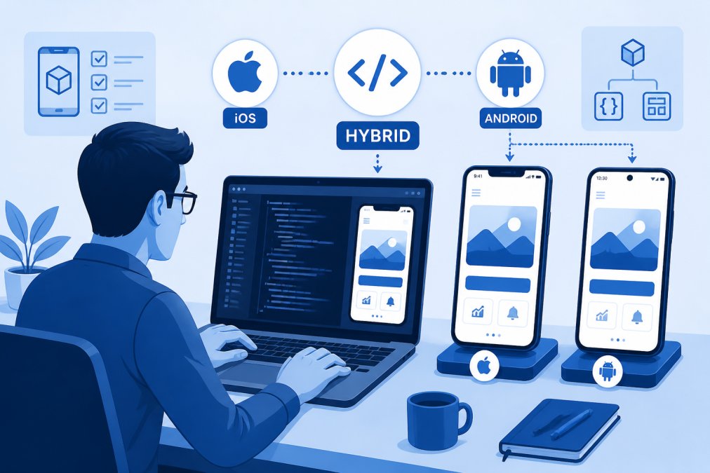 Developer working on laptop with iOS and Android phones displaying different app interfaces side by side, showing hybrid app development in action with code editor visible
