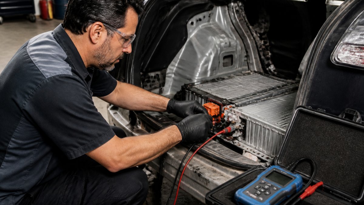Technician using a diagnostic scanner to analyze hybrid battery repair data on a laptop screen in a repair bay