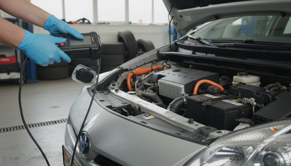 Professional image showing a certified technician and garage testing hybrid car maintenance tips guide