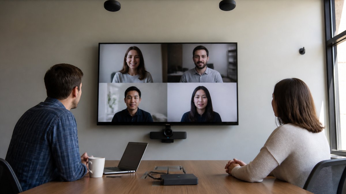 A hybrid conference room with a large wall-mounted display showing remote participants, a PTZ camera mounted below the screen, ceiling microphones, and a table with a USB-C connection hub. Two in-room participants sit at the table facing the display.