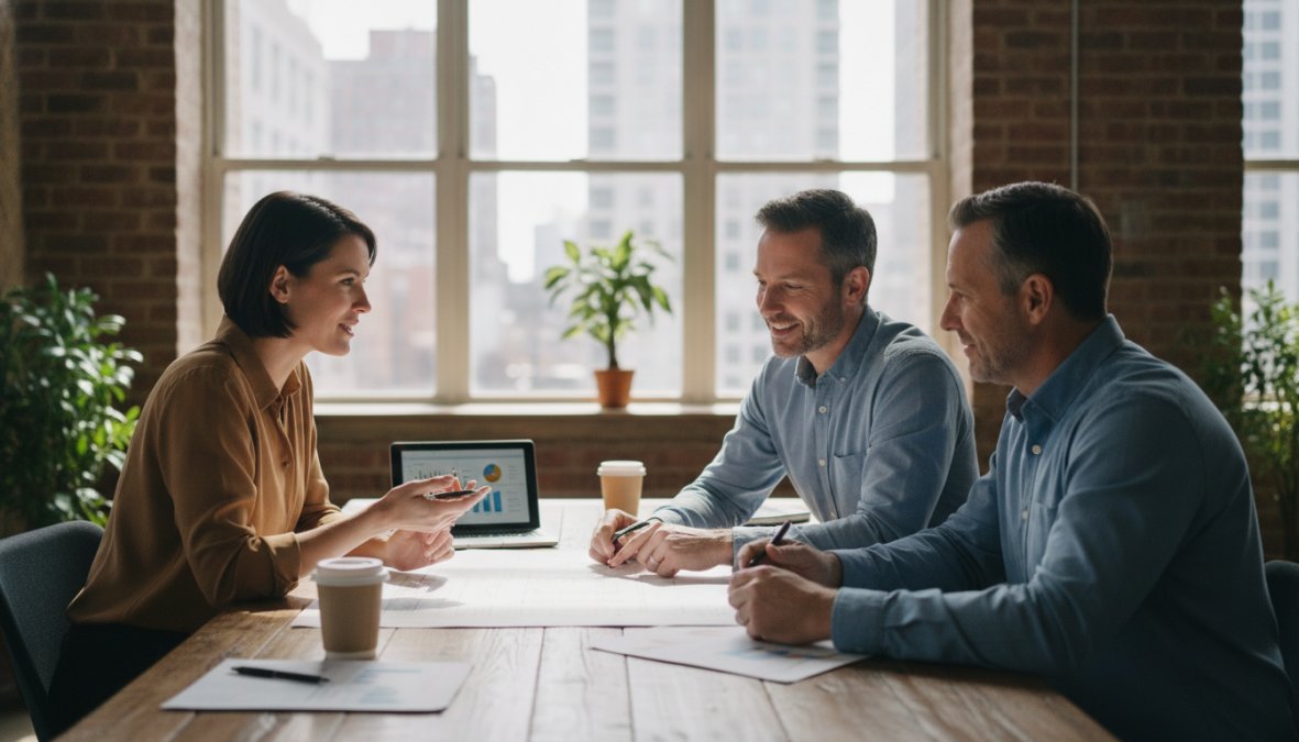 Real estate investor and professional lender reviewing loan documents across a modern desk with confidence, examining paperwork and discussing terms