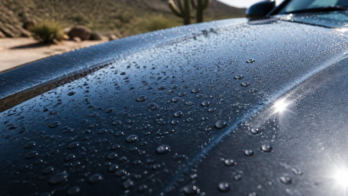 Close-up of a vehicle's paint surface with visible water beading and mirror-like gloss reflection under bright desert sunlight, showing the protective coating's hydrophobic properties and light refraction