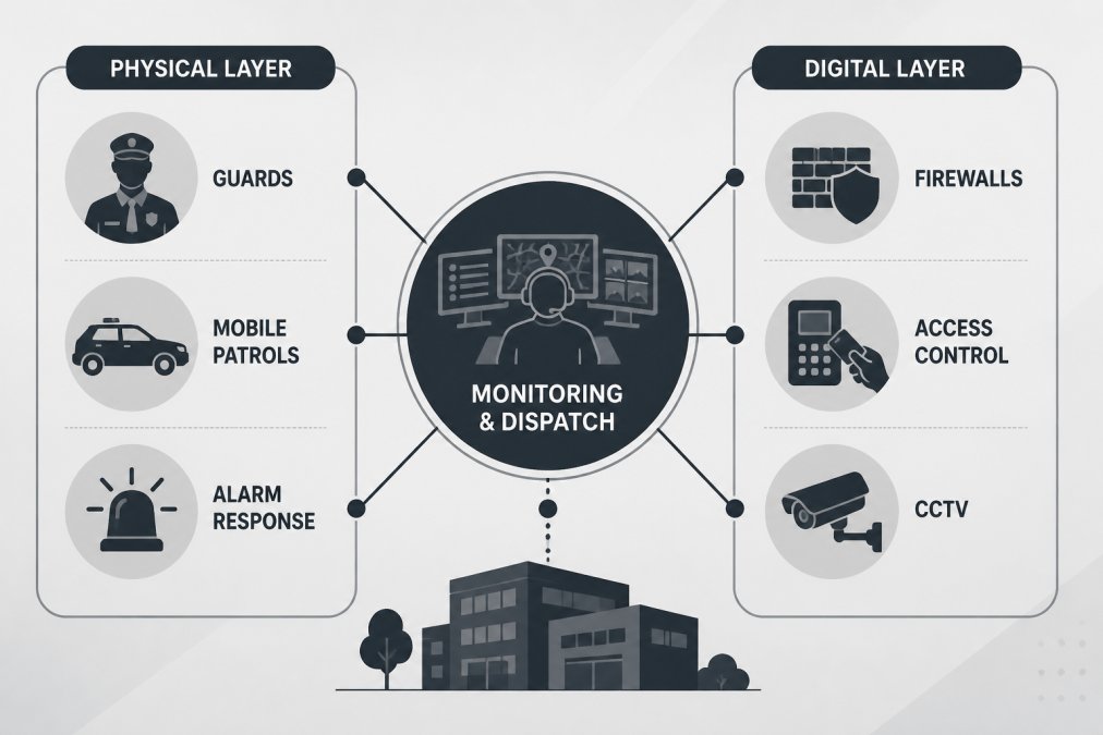 Diagram showing hybrid security model layers: physical layer with guards, mobile patrols and alarm response, digital layer with firewalls, access control and CCTV, connected through a central integration point labelled monitoring and dispatch