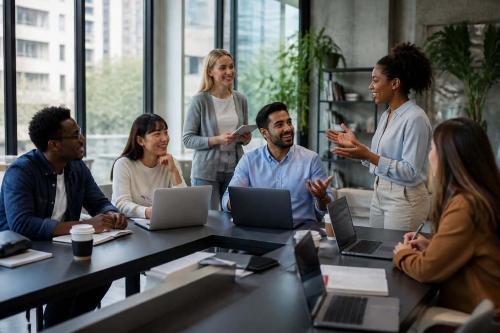 A diverse group of employees collaborating together in a bright modern office space with large windows, some seated at a table with laptops, others standing and gesturing in animated discussion, with video screens visible showing remote colleagues