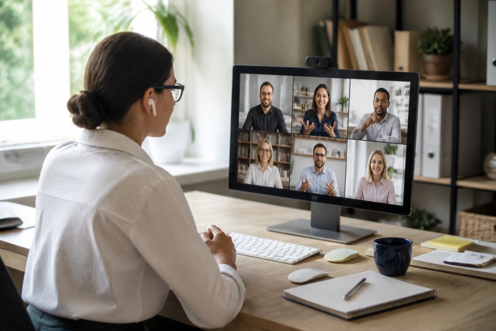 A professional woman working at her desk with a video call displayed on her monitor, showing colleagues from remote locations in clear video tiles, suggesting real-time synchronous collaboration in a home office setting