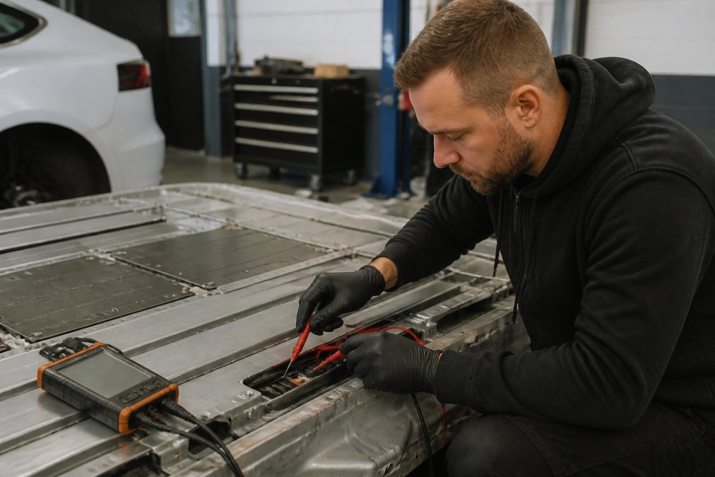 Professional illustration showing Technician, Tesla for hybrid vehicle maintenance specialist