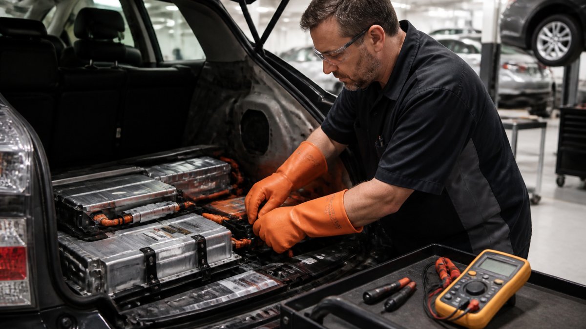 An auto mechanic wearing orange dielectric gloves and safety glasses working near the high-voltage battery pack of a hybrid vehicle in a clean, well-lit shop bay, with a multimeter visible on a nearby cart
