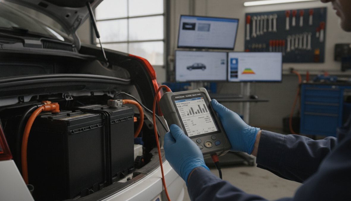 A certified technician in a professional workshop connecting professional diagnostic scan tools to a hybrid vehicle's high-voltage battery system, with equipment displays showing live cell voltage and temperature data visible in the background