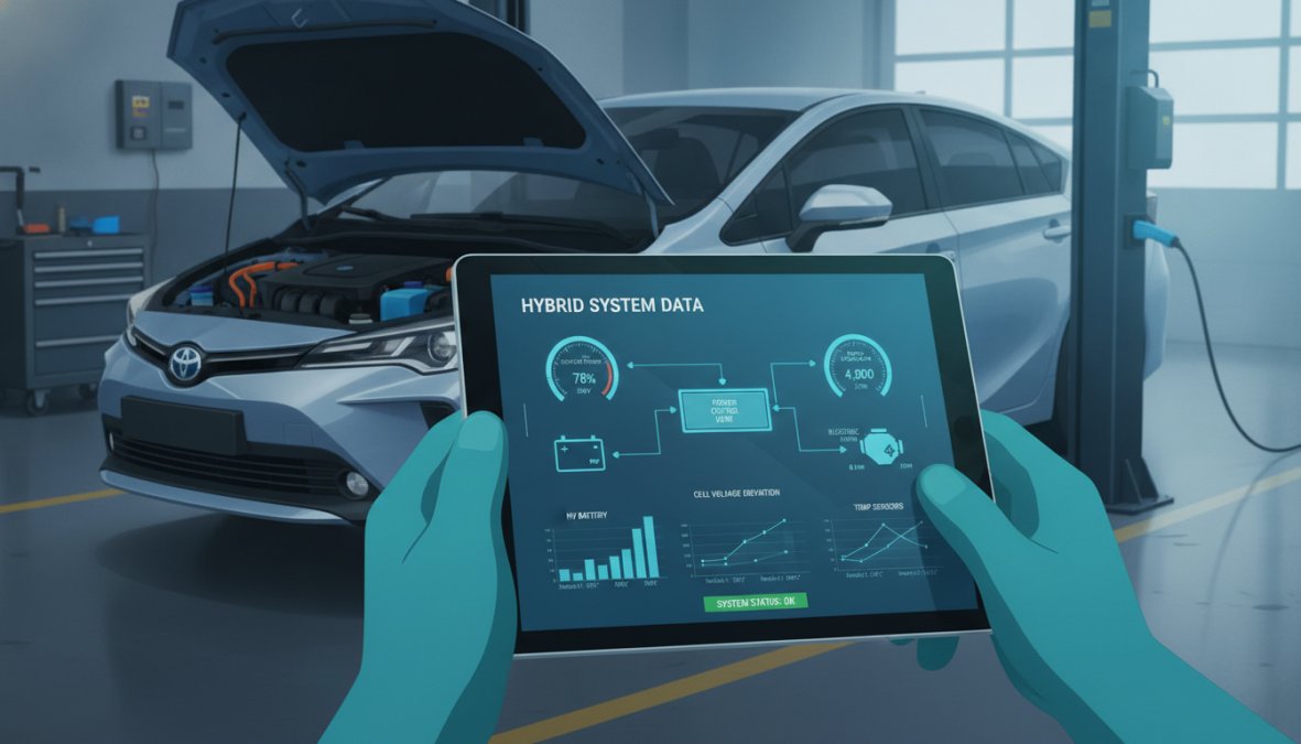 Close-up of a technician's hands holding a professional OBD diagnostic tablet displaying live hybrid system data including cell voltages and temperature readings, with a hybrid vehicle in a clean workshop service bay visible in the background