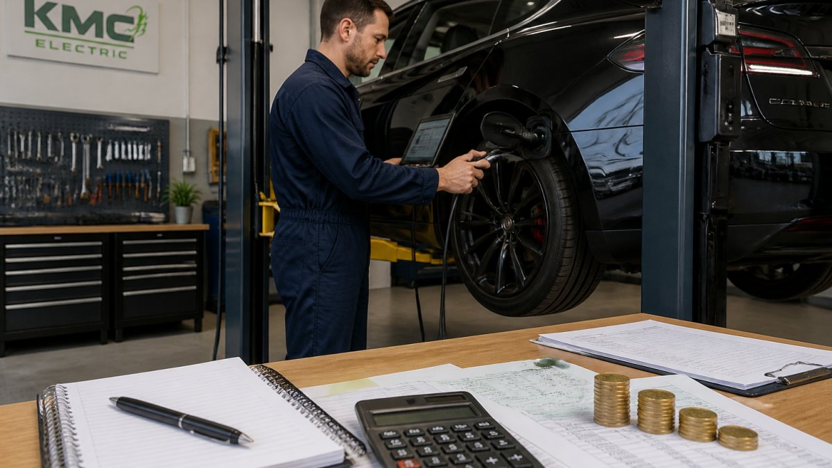 Technician using a diagnostic laptop to check an electric vehicle battery in a clean professional workshop.