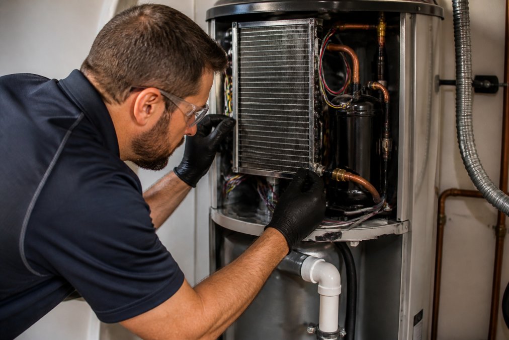 Professional technician inspecting the internal components of a hybrid water heater unit, showing the evaporator coil, compressor housing, and condensate drainage connection with detailed view of the refrigerant system