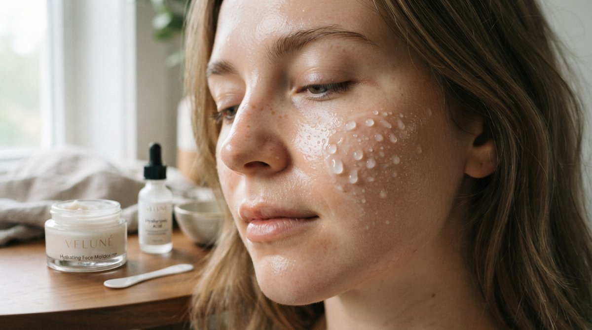 Nahaufnahme eines feuchtigkeitsspendenden Gesichtscreme-Serums, einer ceramidreichen Creme und einer Glycerinflasche, angeordnet auf einer sauberen weißen Oberfläche mit Wassertropfen und weicher natürlicher Beleuchtung