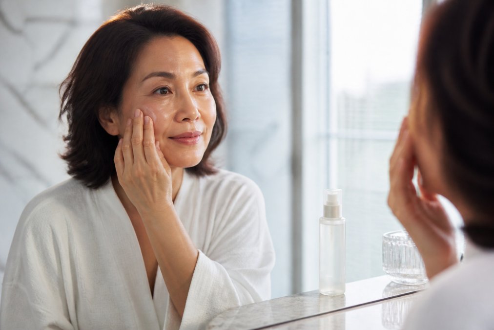 A close-up shot of a woman's hands gently patting a clear, watery toner into her cheek in a bright bathroom, with the white Gongjua toner bottle sitting on a marble counter beside her