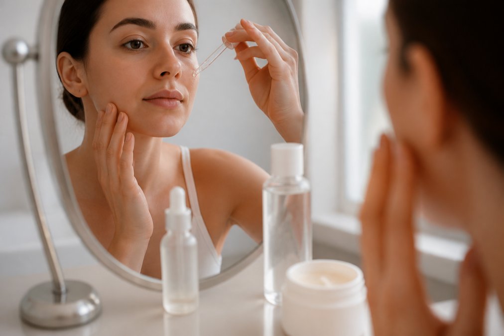 Close-up of a woman's hands applying serum drops to her face at a bathroom vanity, with serum bottles, a toner, and a moisturizer jar arranged nearby in soft natural light