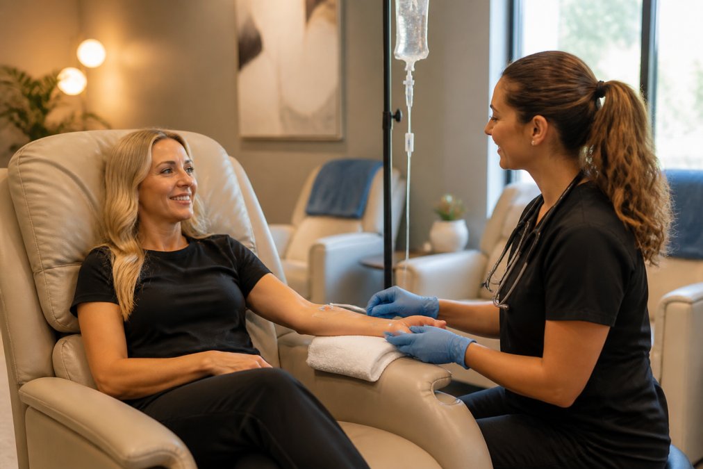Client receiving IV therapy in a comfortable wellness lounge with soft lighting, professional staff nearby monitoring vitals, showing the clinical yet relaxing environment of a medical spa