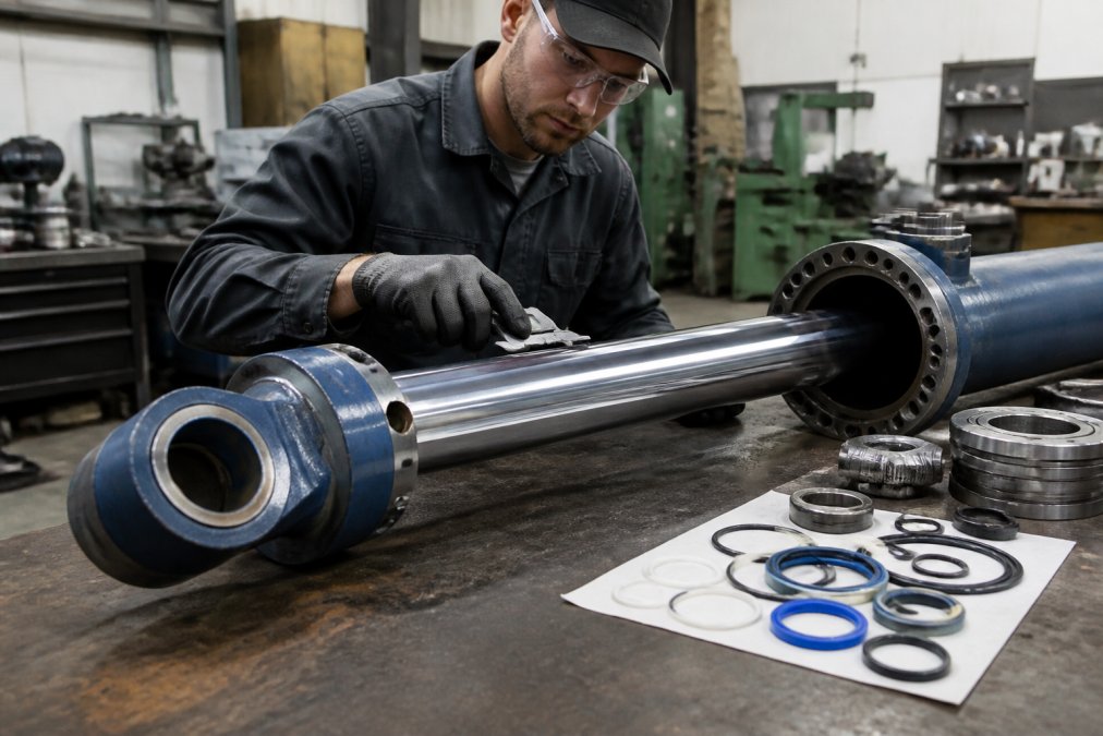 Technician inspecting a chrome rod during the hydraulic cylinder repair process in an industrial workshop