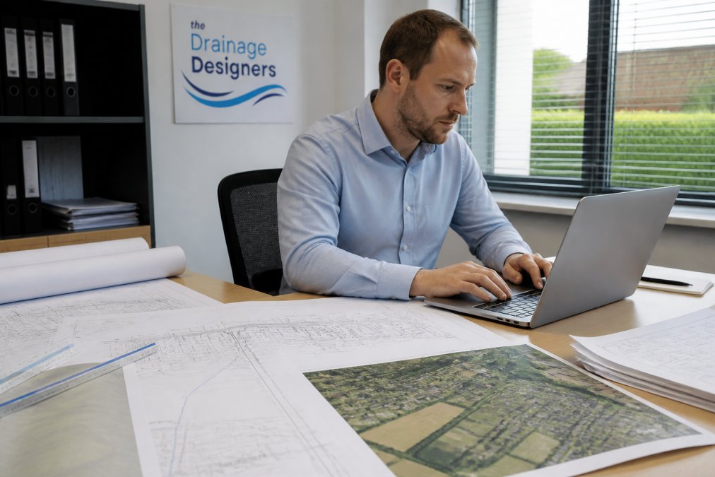 Professional engineer reviewing hydraulic modelling results on laptop at desk with site survey maps and technical drainage drawings spread nearby, natural office lighting