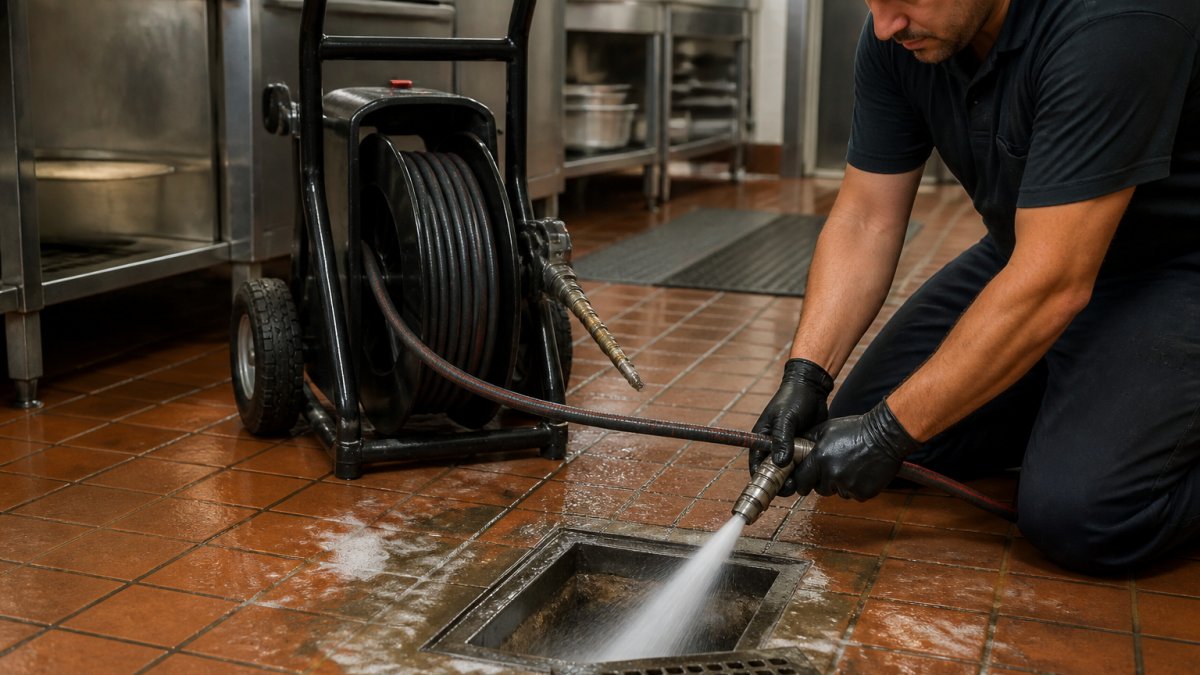 Diagram showing how hydro jetting clears commercial kitchen drains to provide long-term cleaning benefits for restaurants