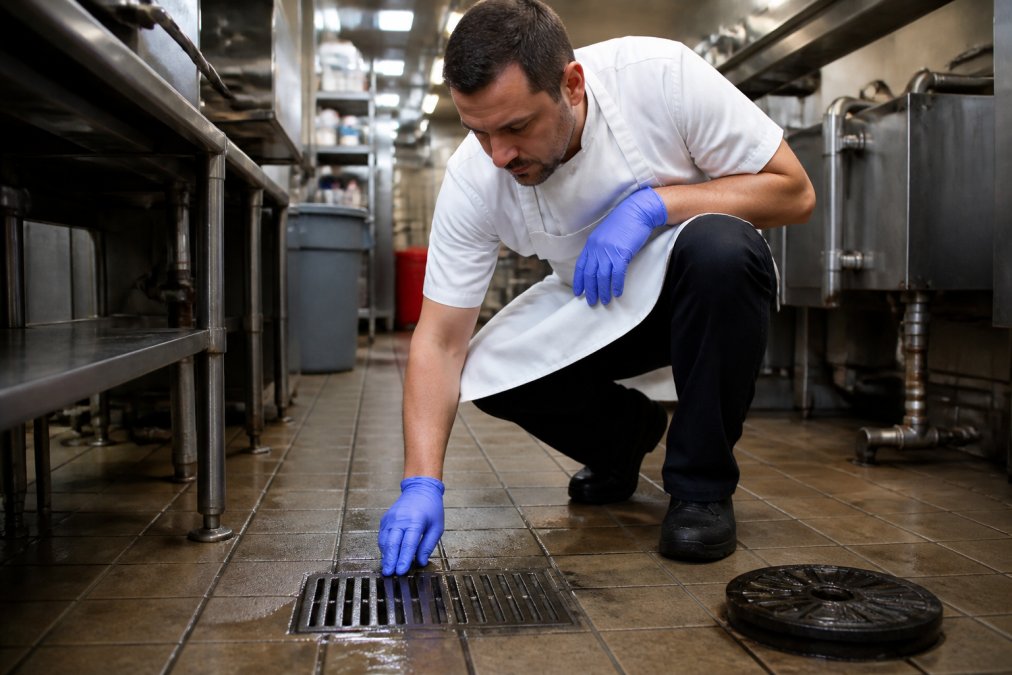 A restaurant kitchen manager in a white apron and blue gloves crouching to inspect a floor drain in a stainless-steel commercial kitchen, water pooling slowly around the grate, overhead fluorescent lighting, a grease trap lid visible nearby
