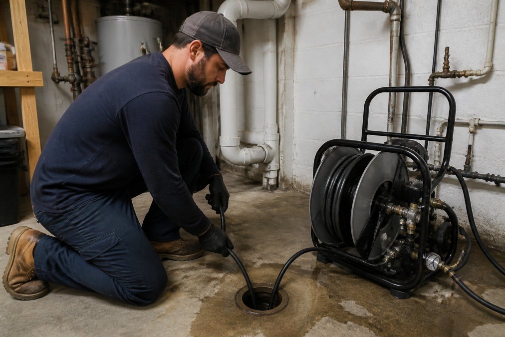 Professional plumber inserting hydro jetting nozzle into residential drain line, pressurized water stream visible against pipe interior, modern equipment setup in utility basement